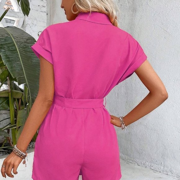 Pink Casual Womens Flap Pocket Batwing Sleeve Belted Shirt Romper - Picture 2 of 5